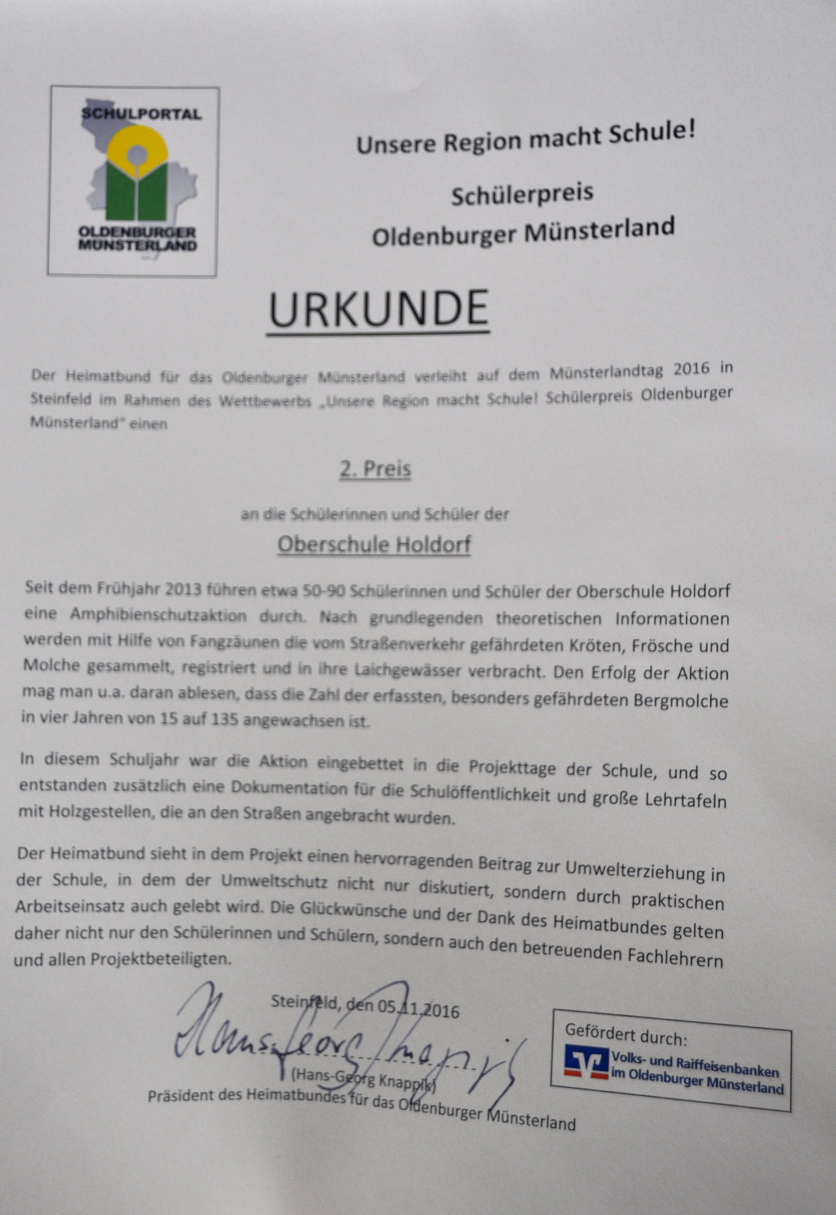 Schülerpreis 2016 des OM Heimatbundes